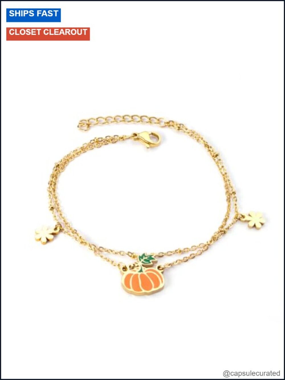 Dainty Pumpkin Charm Bracelet Stainless Steel Layered Chain Adjustable 7"